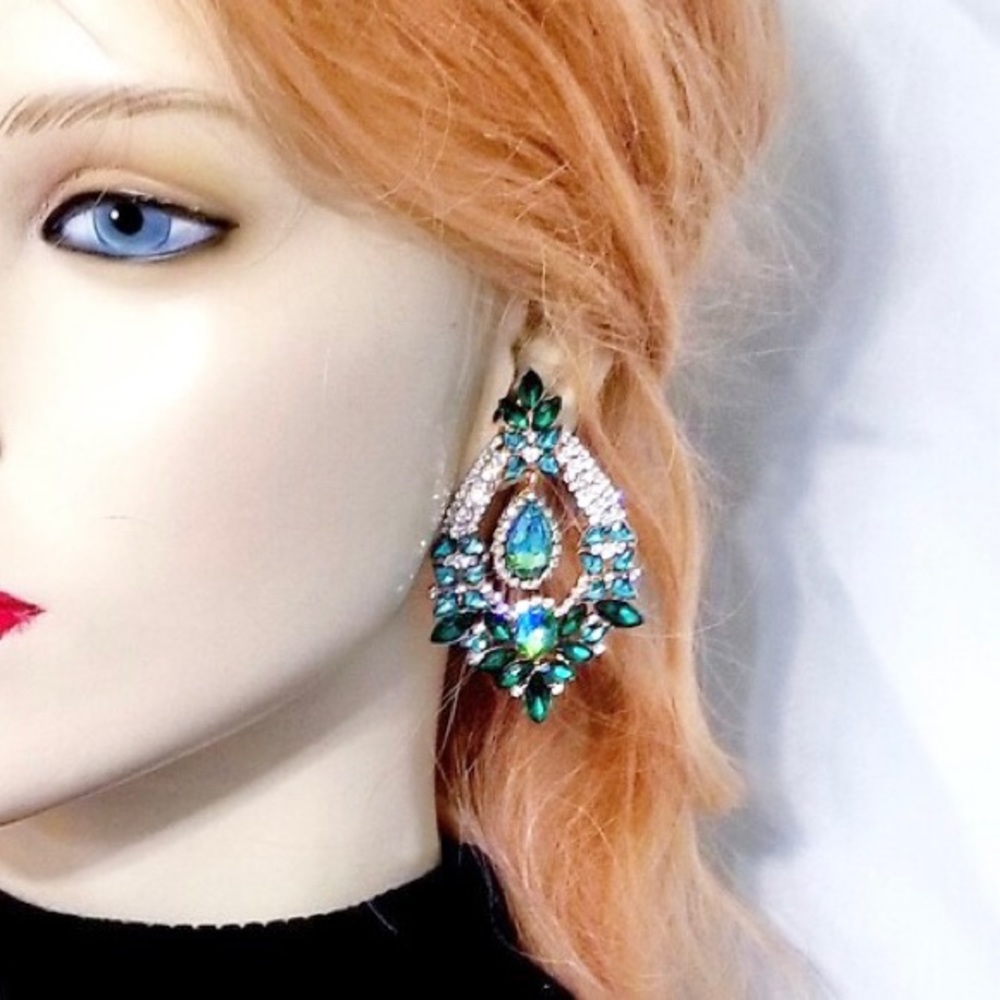 New Blue & Green Sparkly Glass Crystal Rhinestone Drop Earrings - Picture 7 of 10